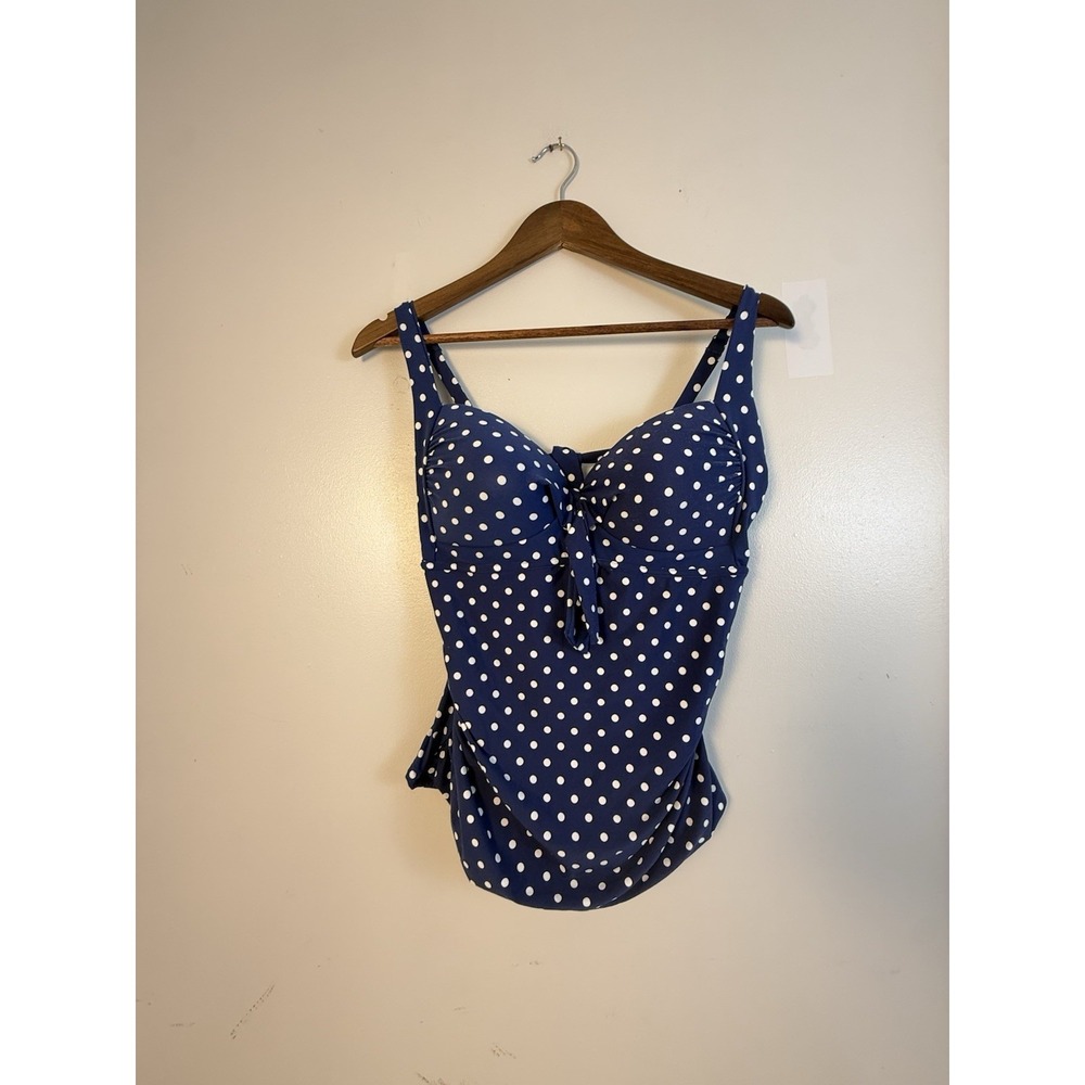Liz Claiborne Blue White Polka Dot Tankini Top L Tummy Control Pin Up Retro